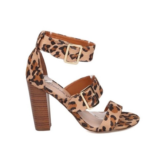 Leopard Faux Suede Open Toe TriBand Ankle Cuff Heel Sandal - Picture 4 of 10